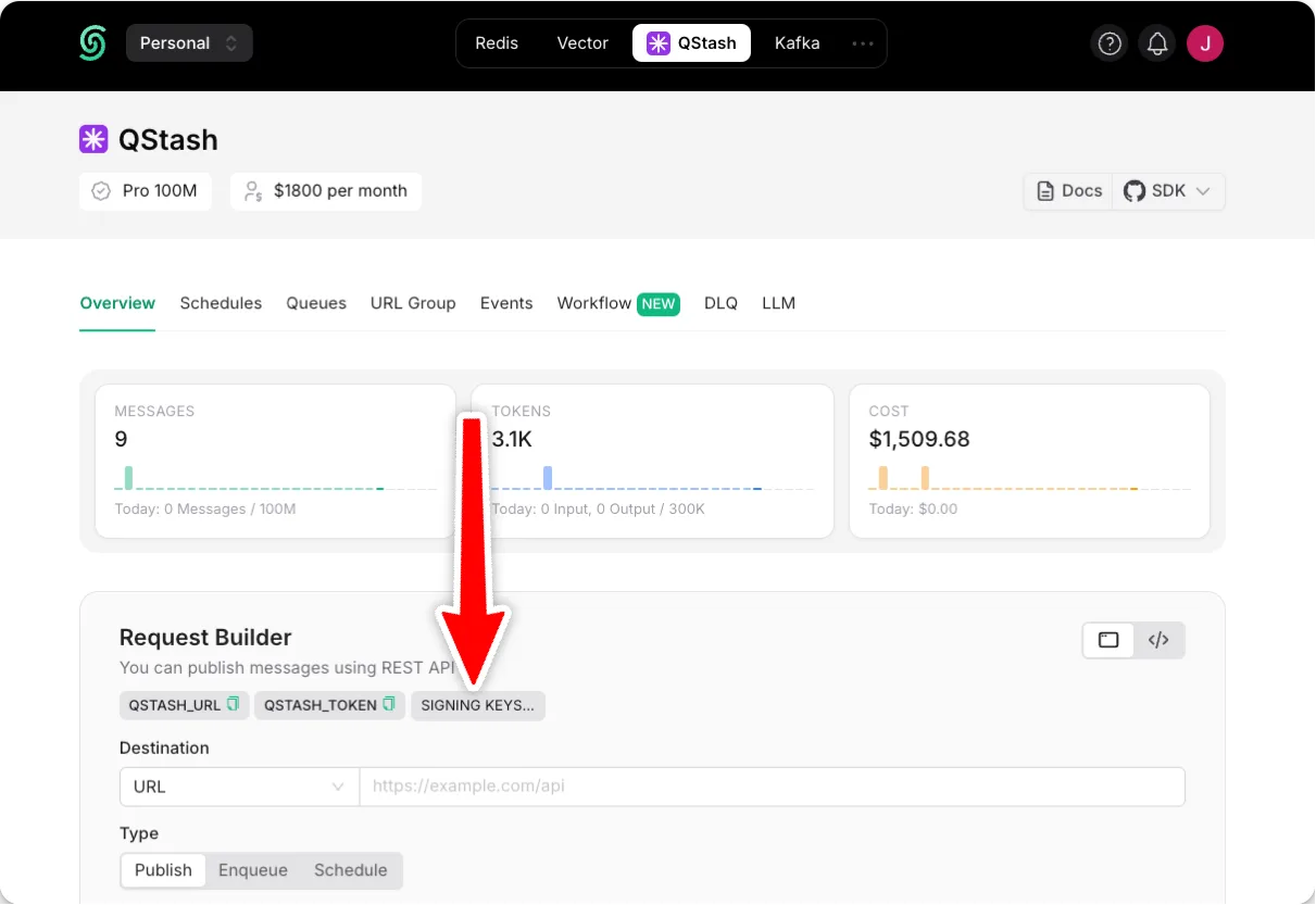 QStash signing keys in the Upstash Console