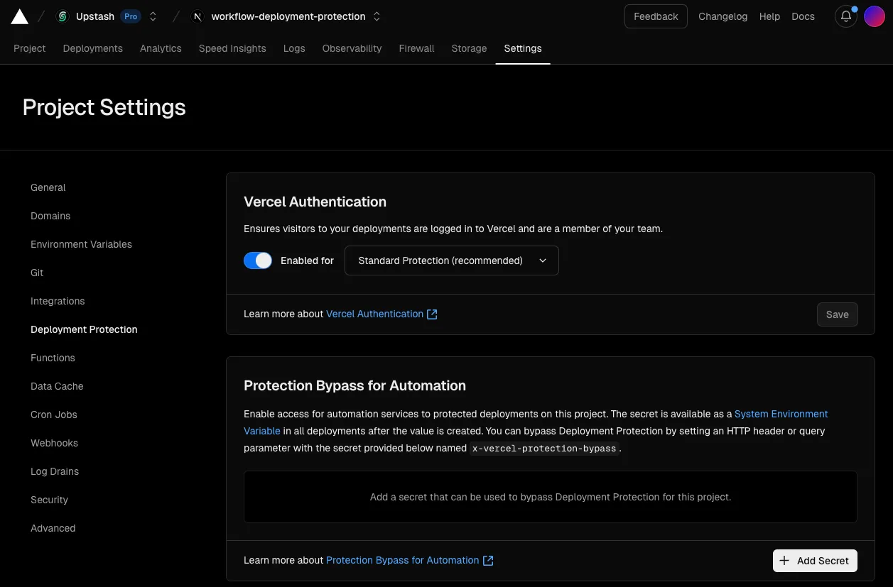 Vercel deployment protection settings