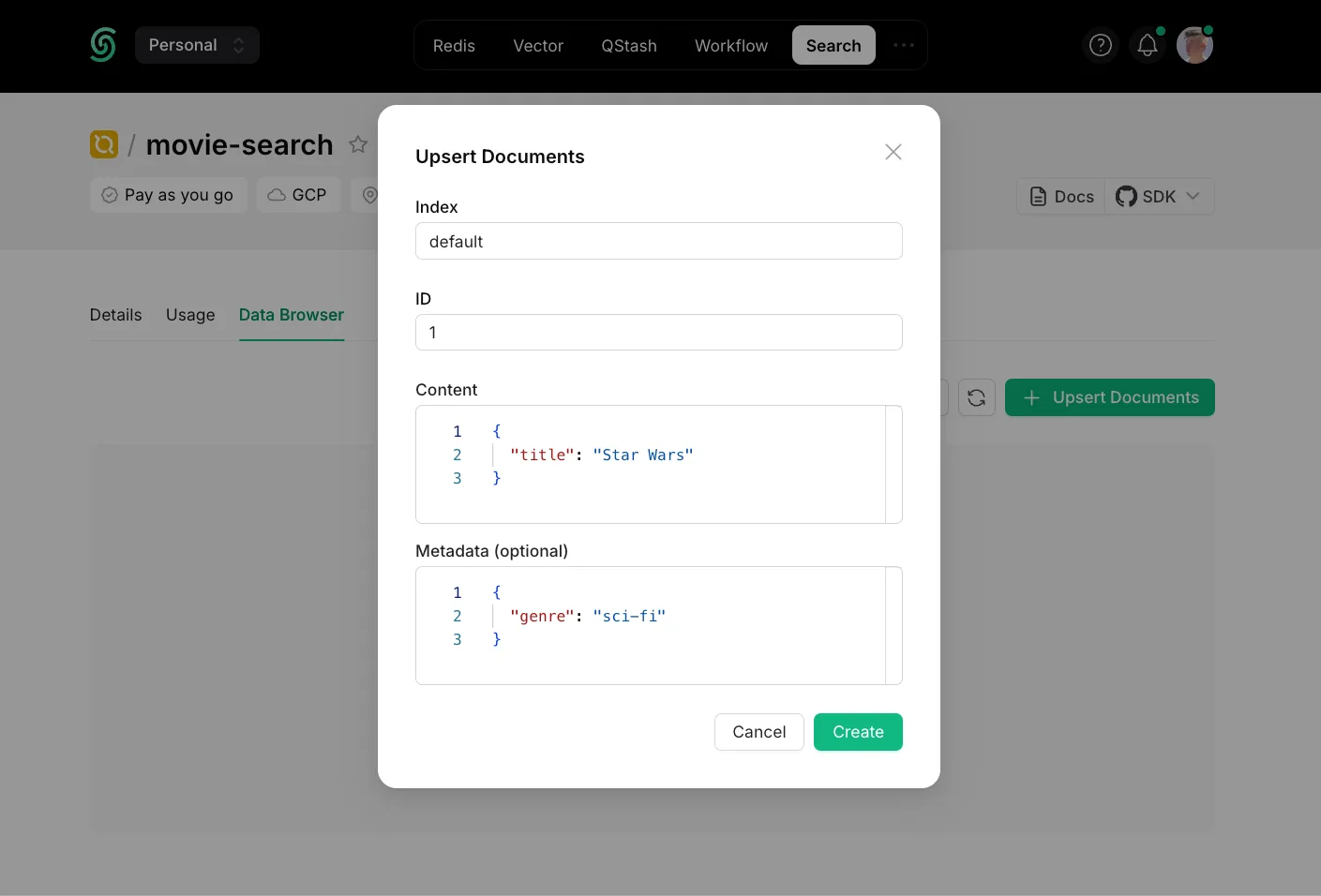 Add a document to a Search database