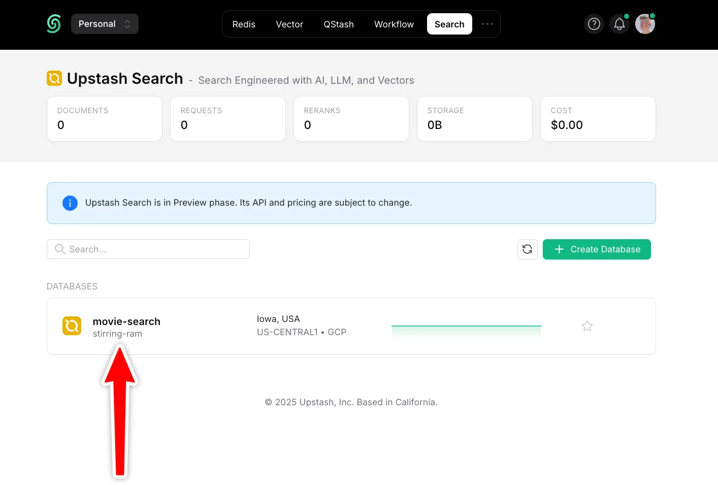 New Search database in the Upstash Console