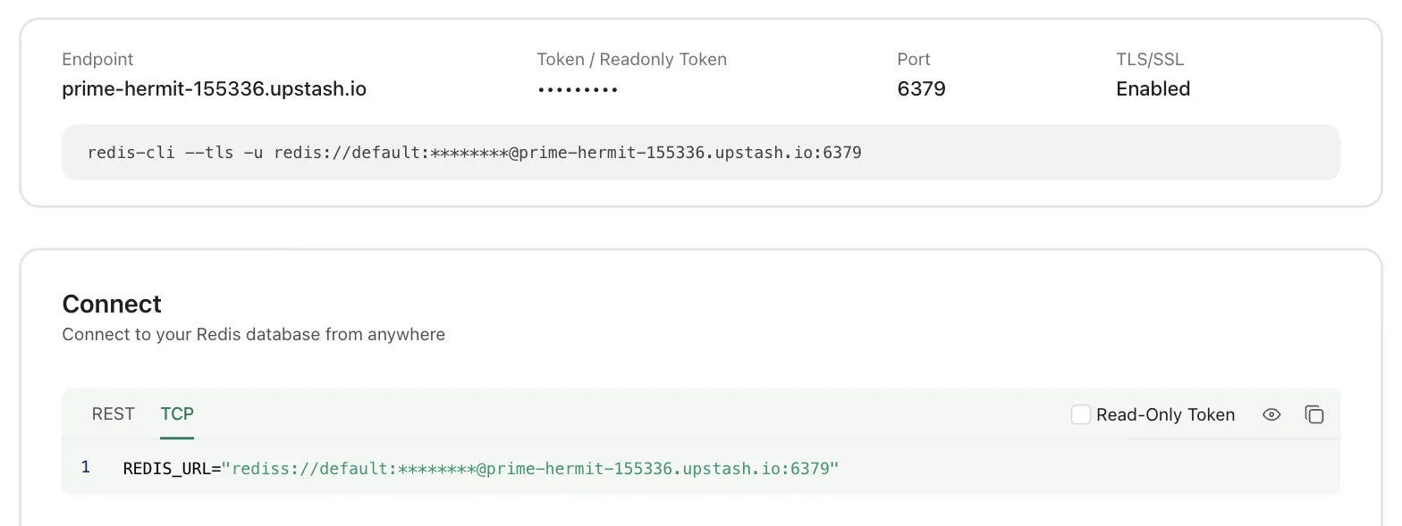 effect-mq with Upstash Redis: Console TCP URL