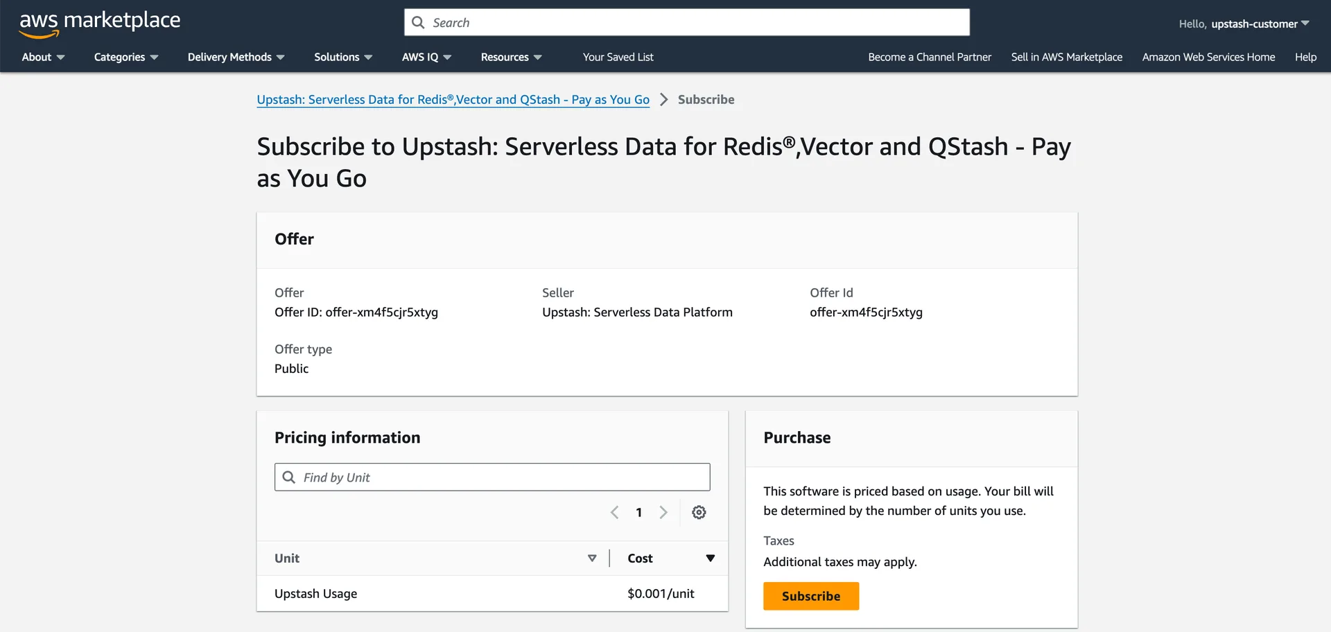 Upstash product page in AWS Marketplace