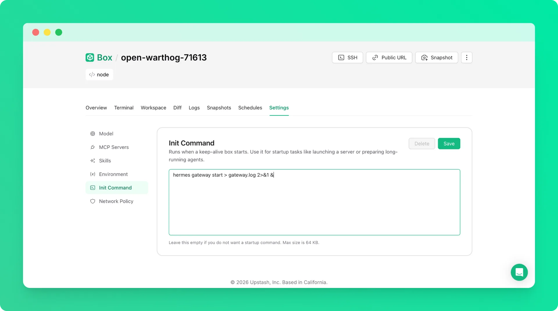 Hermes init script in the Upstash Console