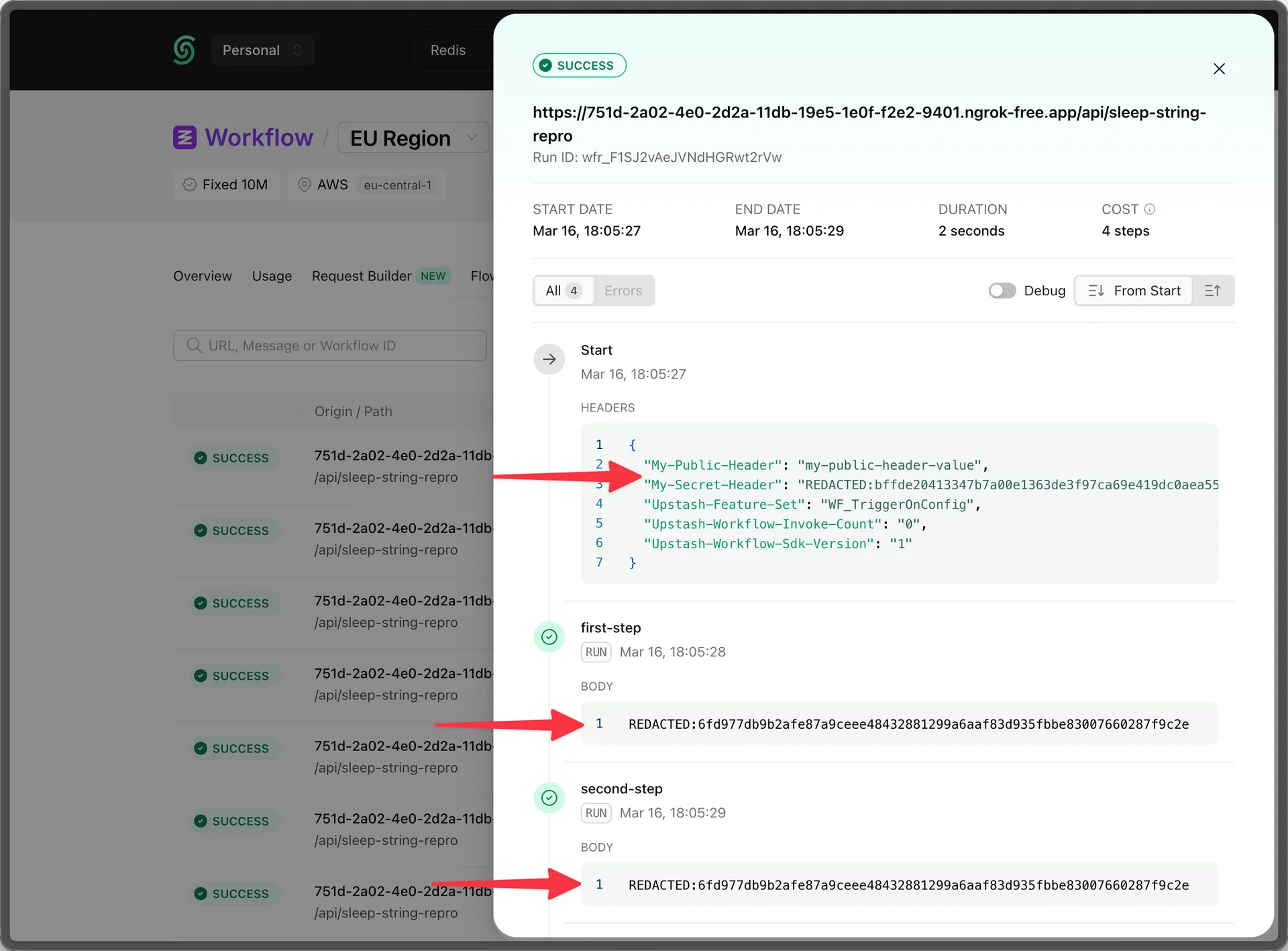 Redacted workflow fields in the Upstash Console