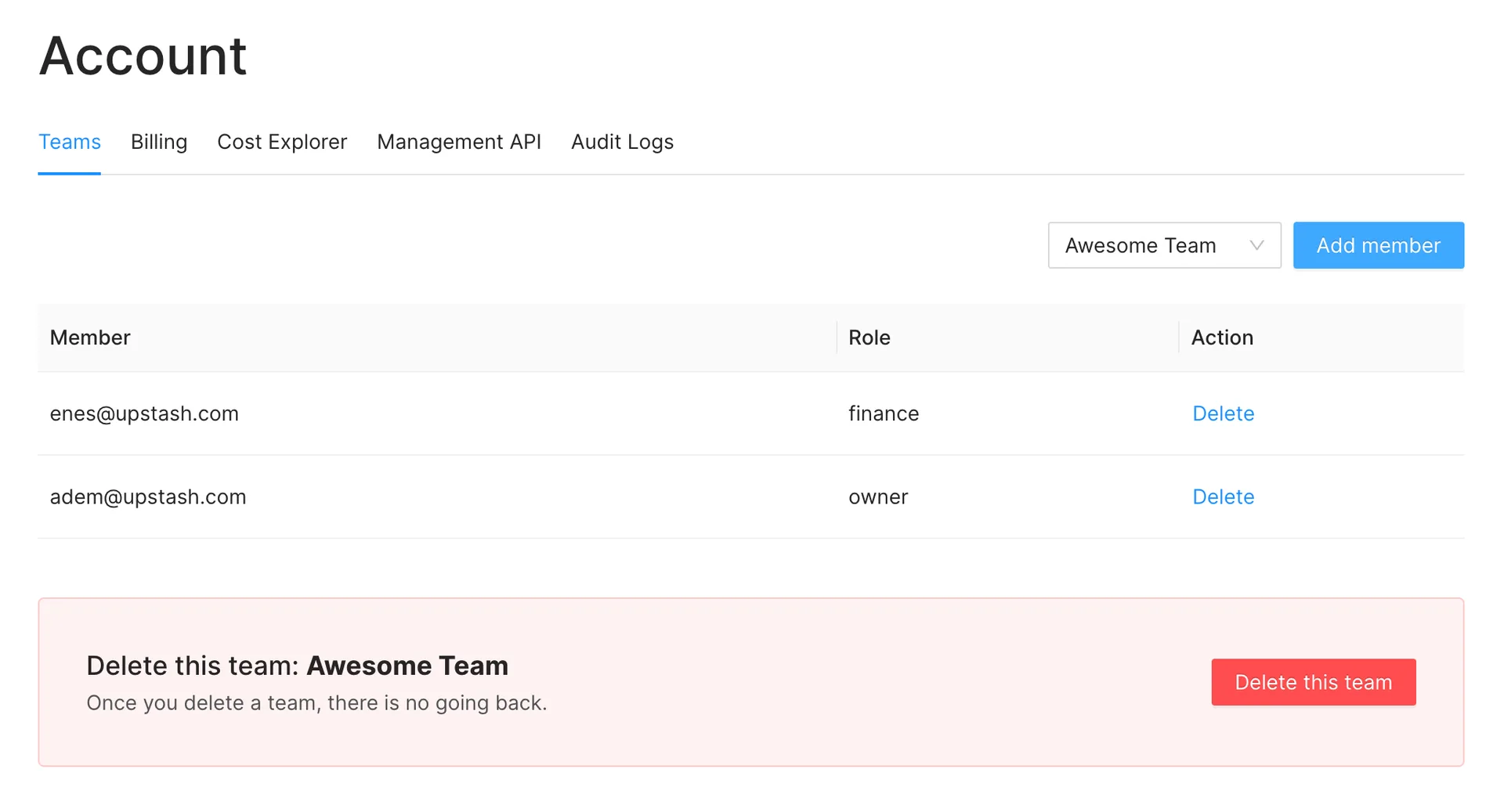 Team member list in the Upstash Console