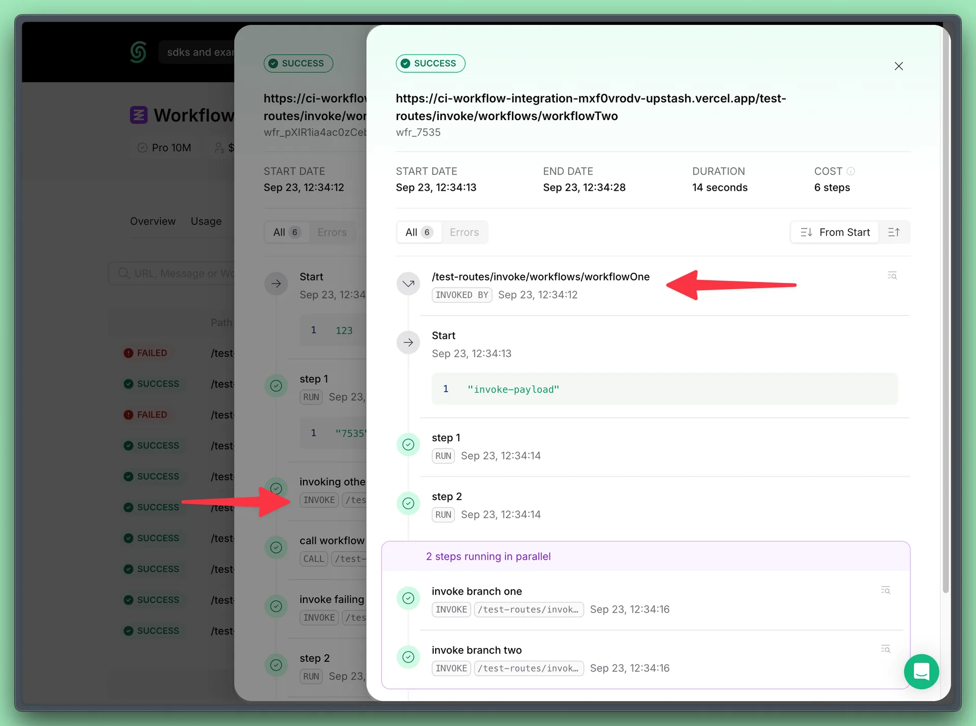 You can navigate between the invoker and invoked workflow runs on the dashboard