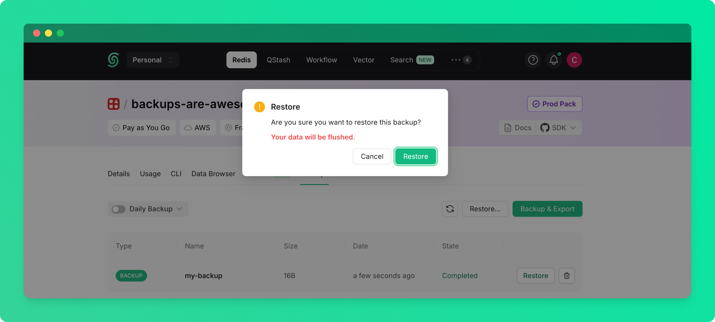 Select a Redis backup to restore