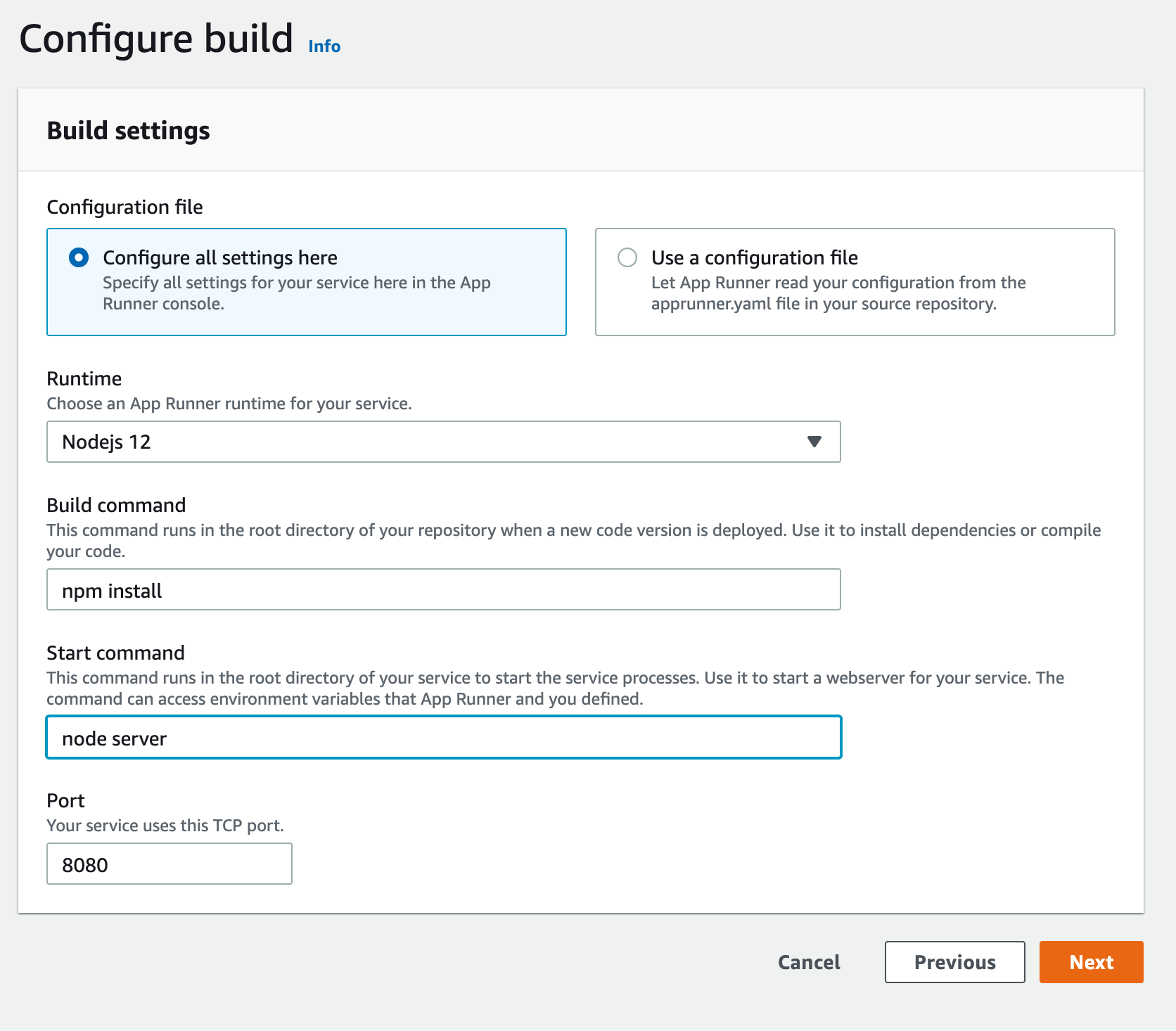 AWS App Runner build settings