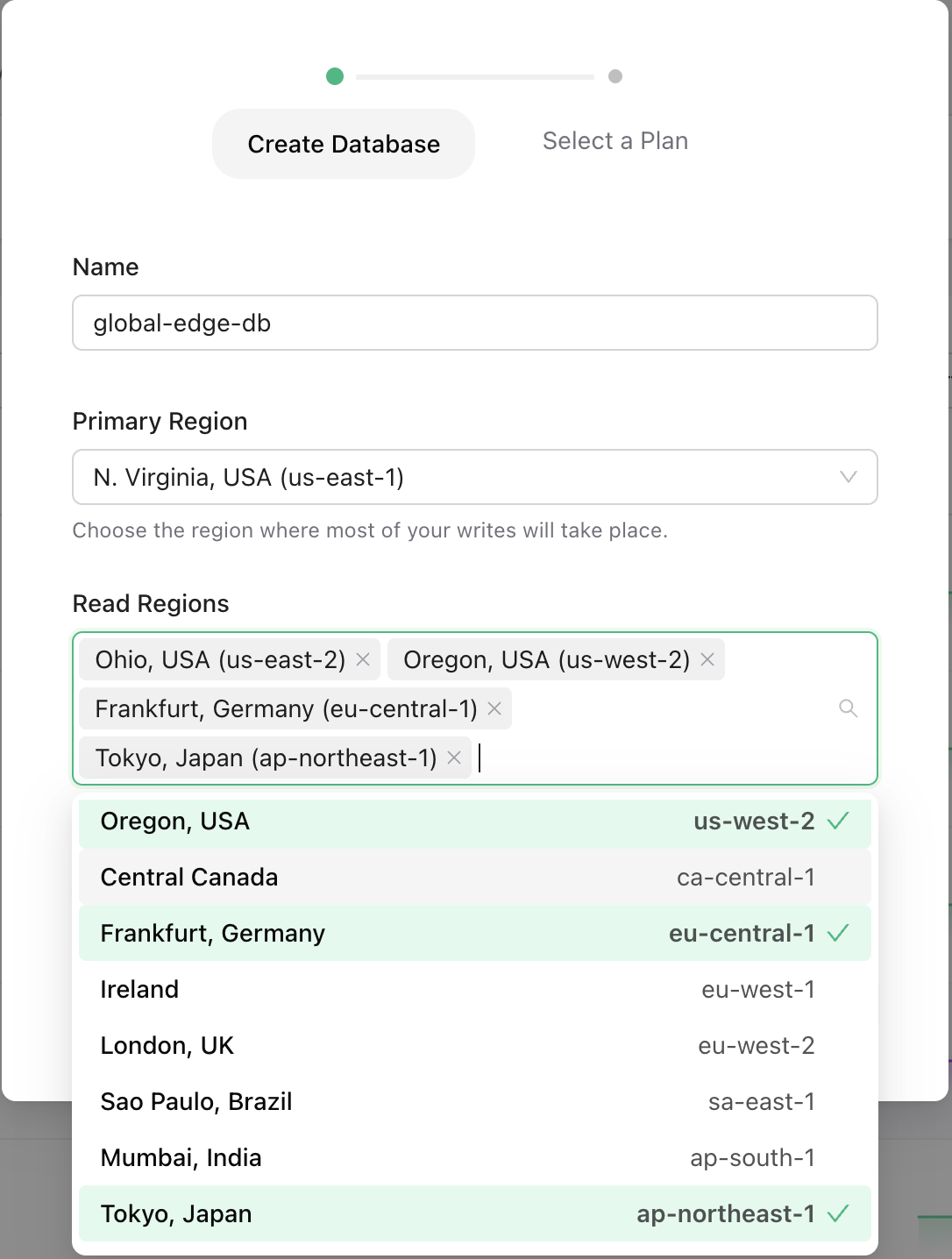 Select regions for a Global Redis database
