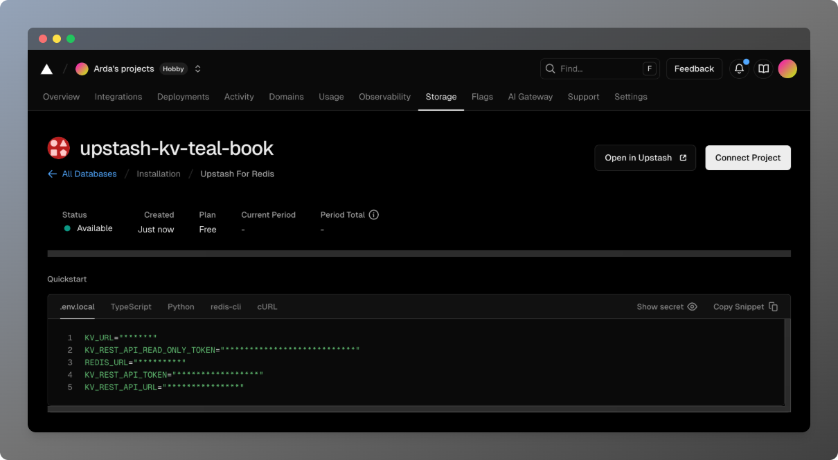 Upstash integration in the Vercel dashboard