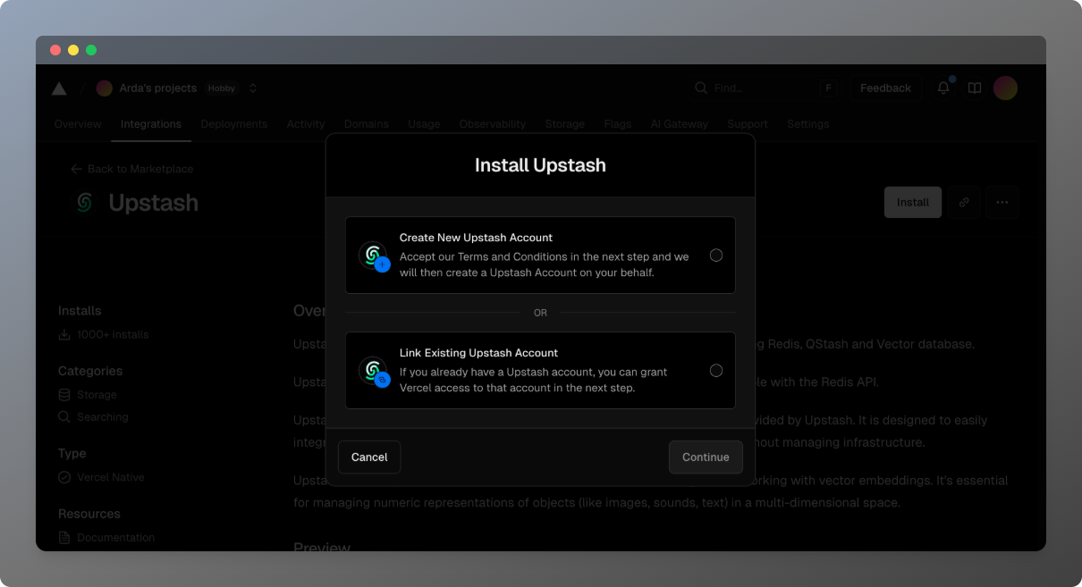 Add the Upstash integration in Vercel