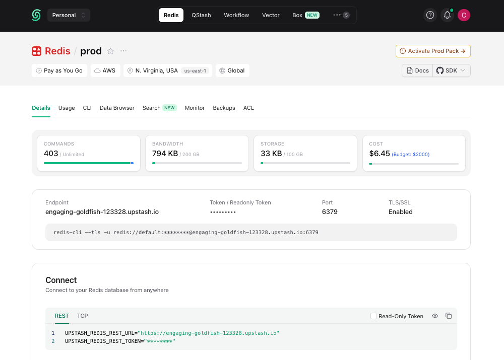 Redis database details in the Upstash Console